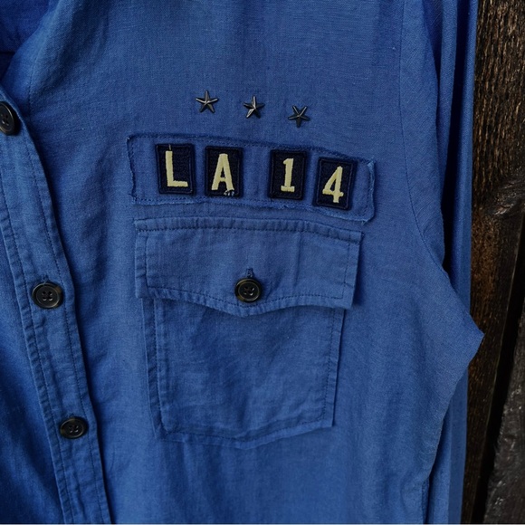 Rails Banks Military Patch Raw Edge Linen Blend Button Down Indigo Shirt Sz XS - Picture 6 of 16